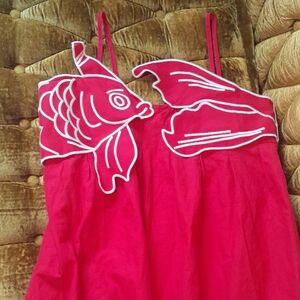 Red Koi Fish Appliqué Spaghetti Strap Dress